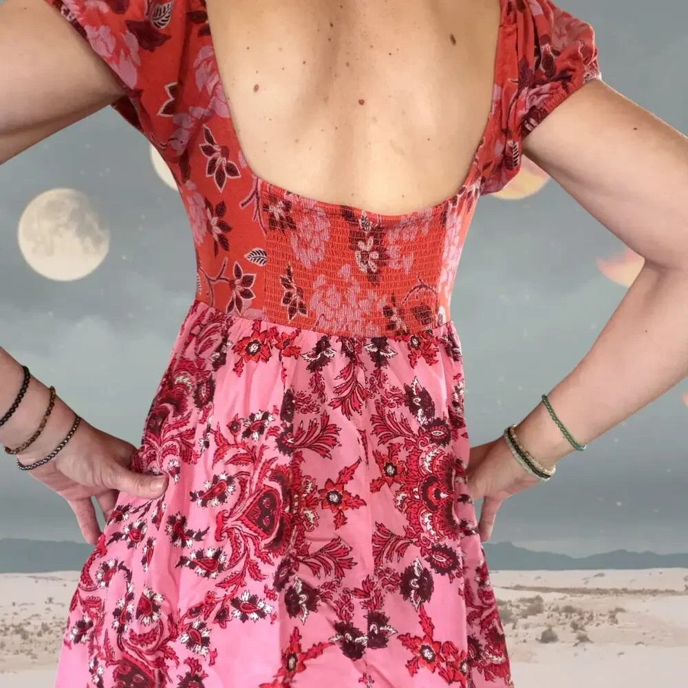 Free People Mini Dress/Tunic L Pink Red Floral Babydoll Fairy Boho Cottagecore